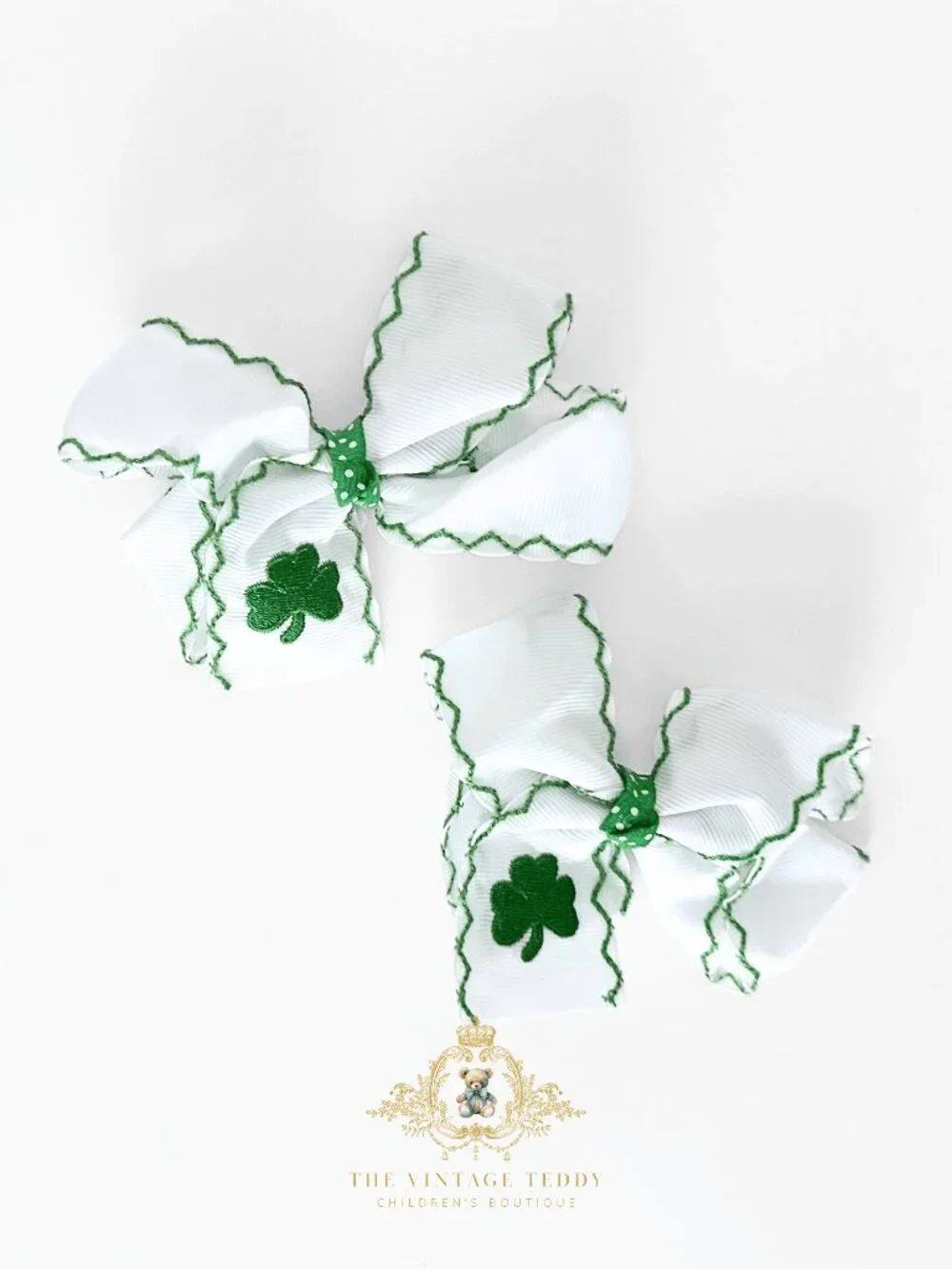 NWT Cute Girls Hair Bows St. Patrick's Day Embroidered Grosgrain Ribbon Set of 2